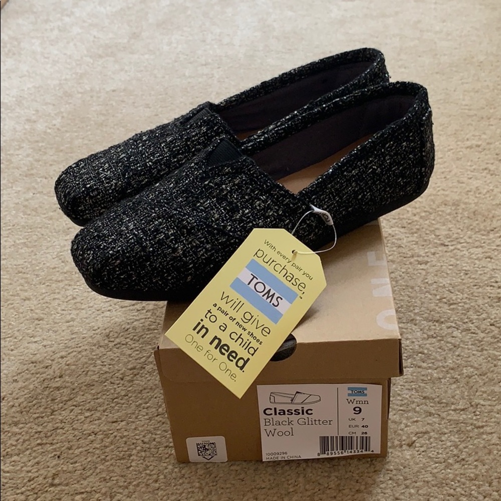 Tom's Black Glitter Wool Flats